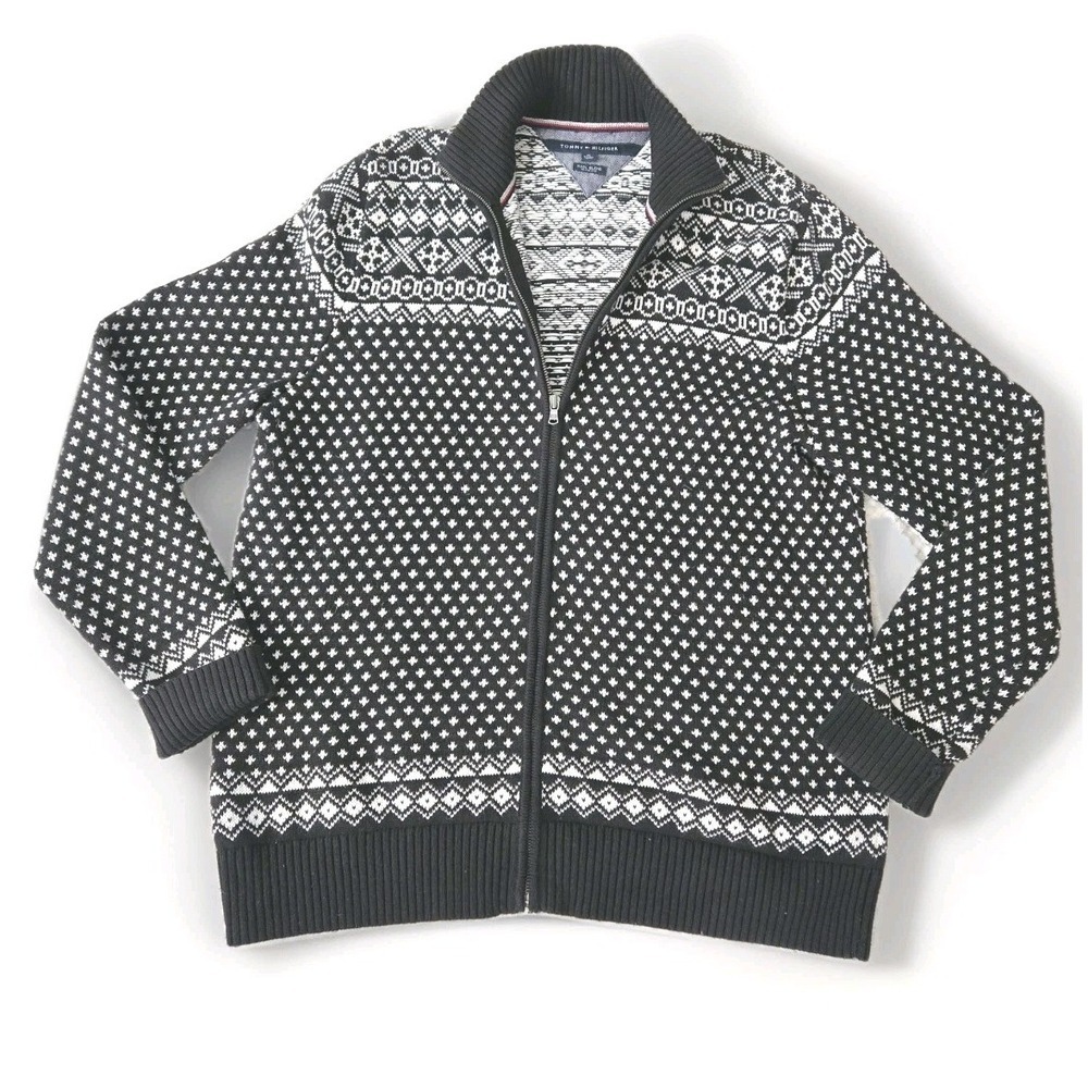 Tommy Hilfiger Sweater Men's Sz XL Zip Up Black White Graphic Print Wool‎ Blend
